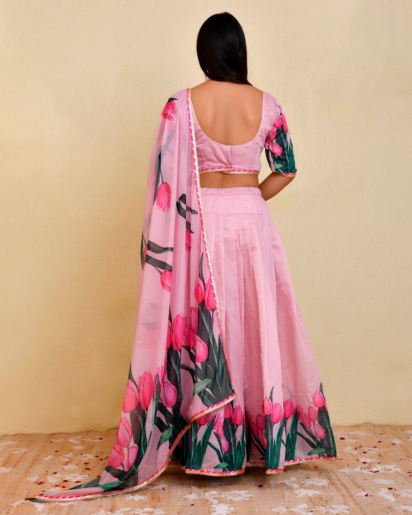 Pink Chanderi Embellished Petal Lehenga Set