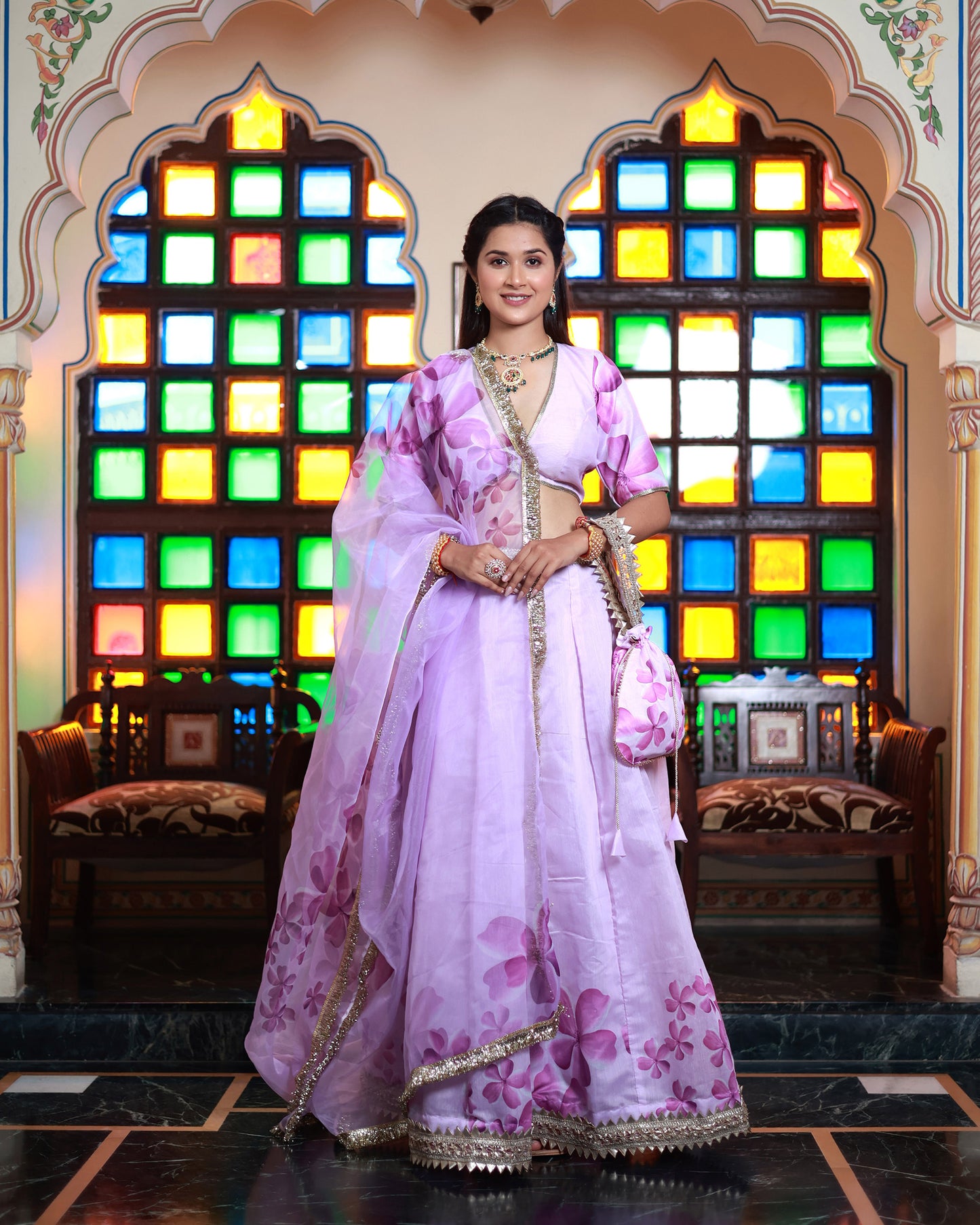 Shubha Printed Chanderi Lavender Lehenga Set