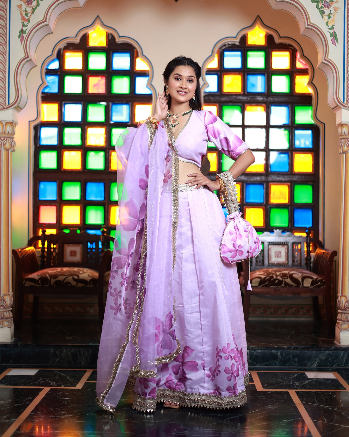 Shubha Printed Chanderi Lavender Lehenga Set