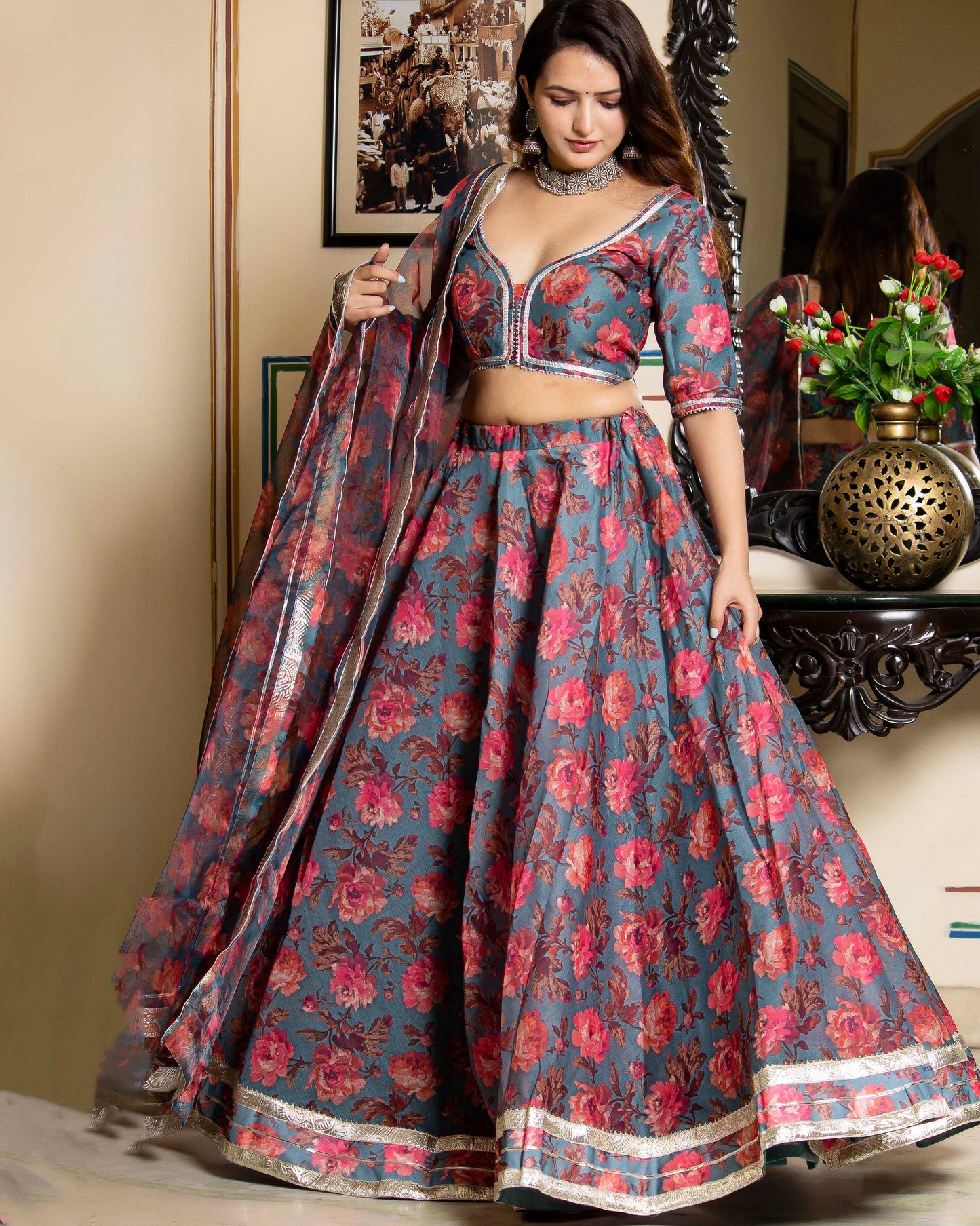 Afreen Chanderi Gota Grey Sangeet Lehenga Set