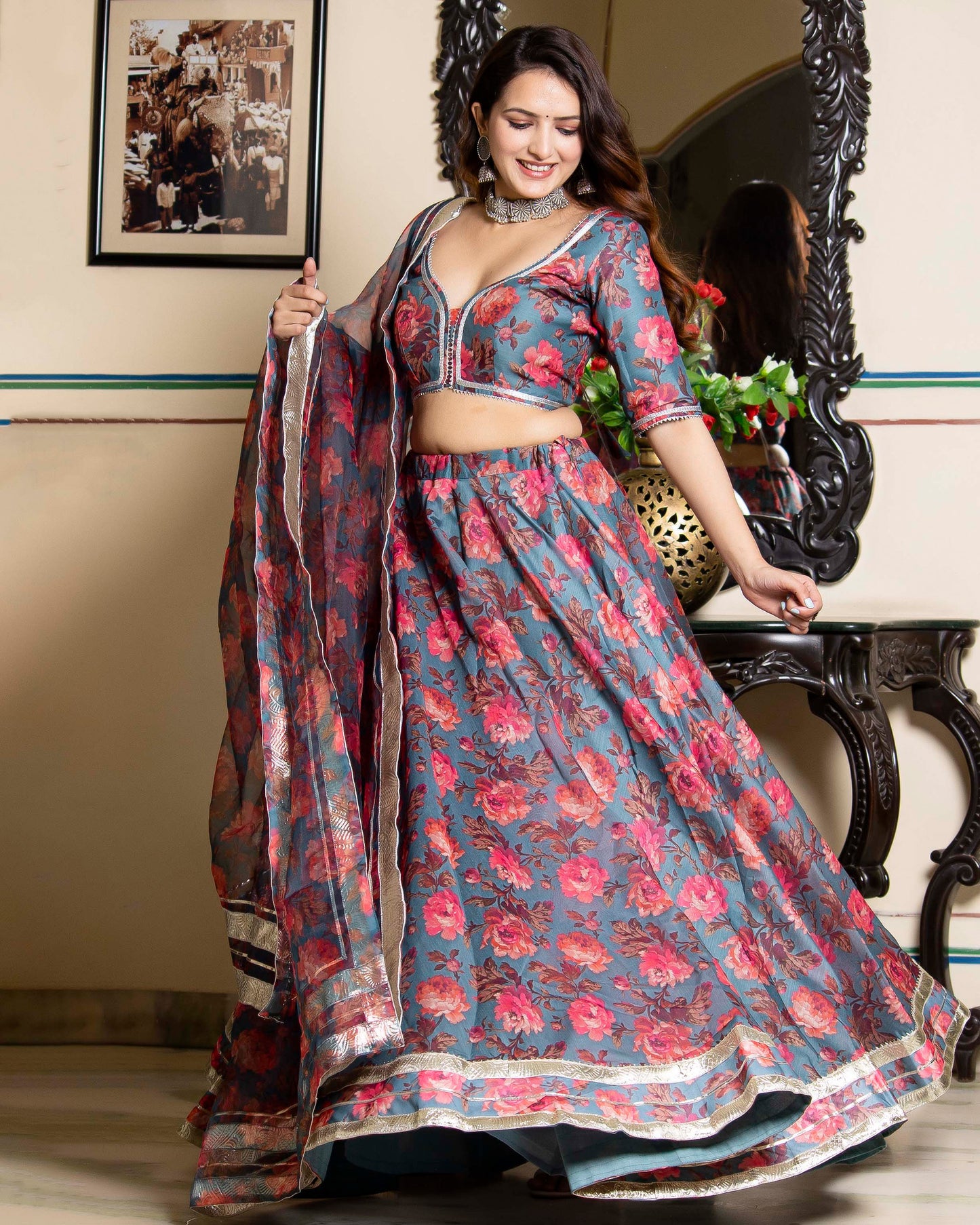 Afreen Chanderi Gota Grey Sangeet Lehenga Set