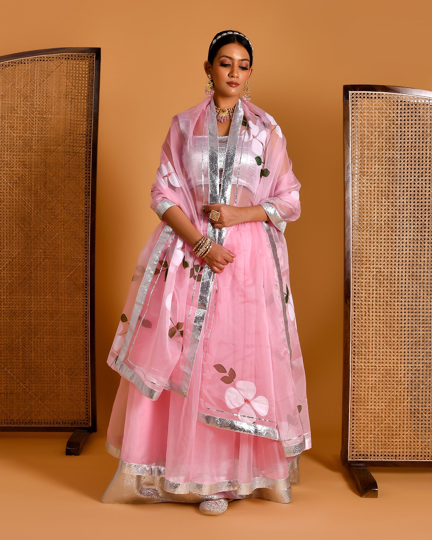 Gulaab Hand Painted Organza Pink Lehenga Set