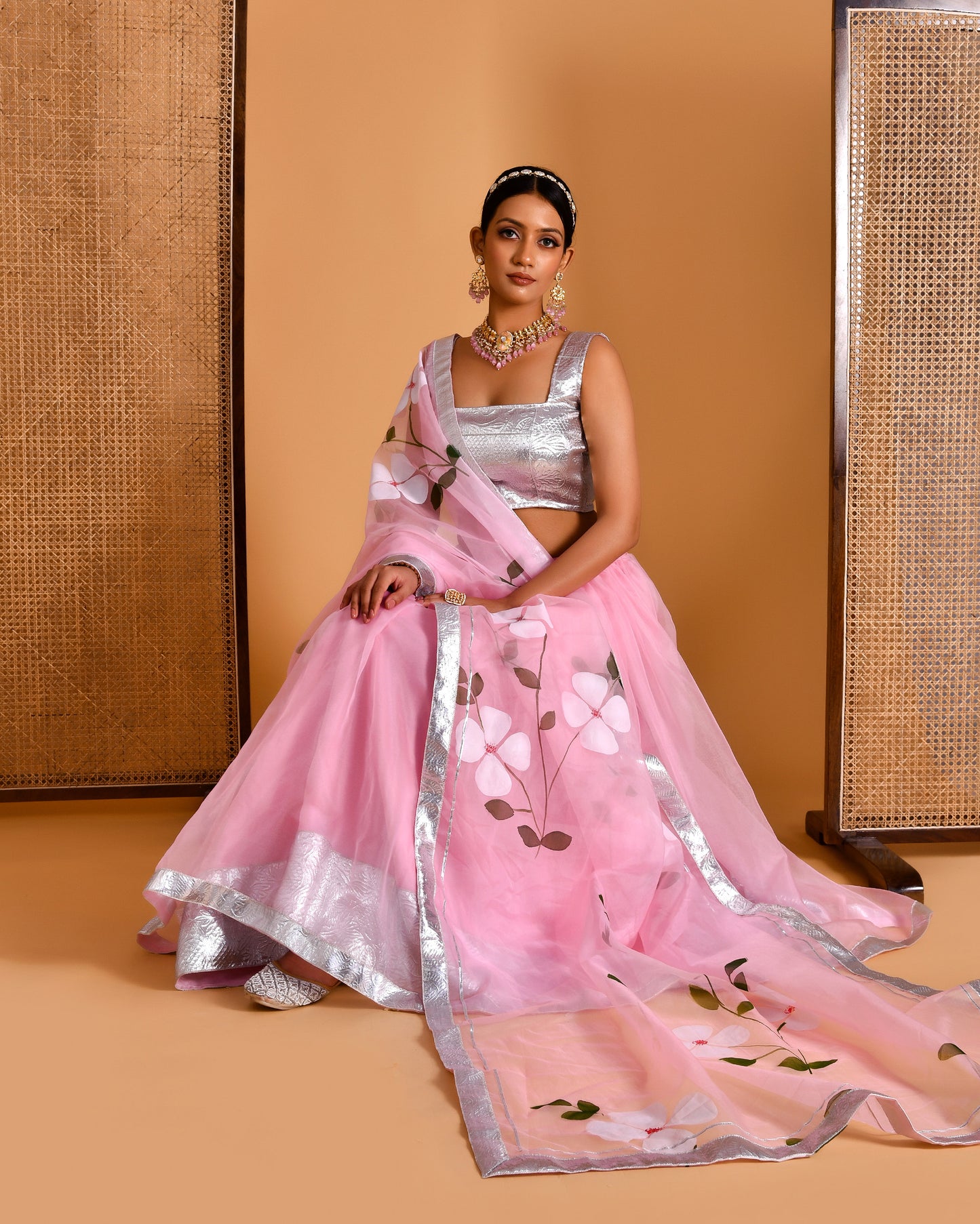 Gulaab Hand Painted Organza Pink Lehenga Set