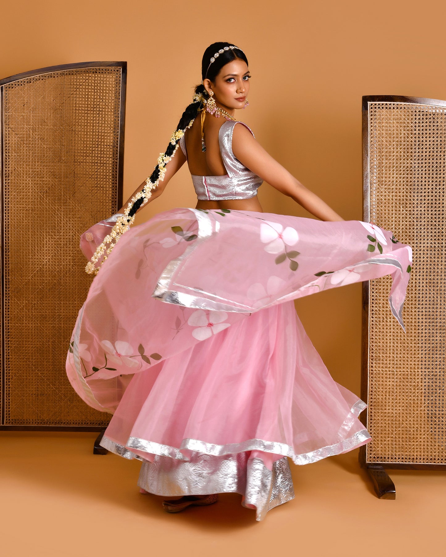 Gulaab Hand Painted Organza Pink Lehenga Set