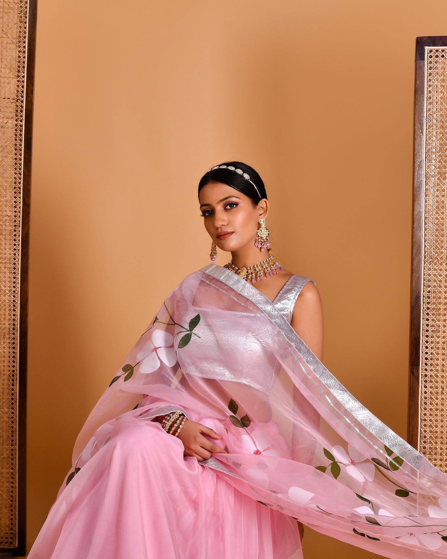 Gulaab Hand Painted Organza Pink Lehenga Set