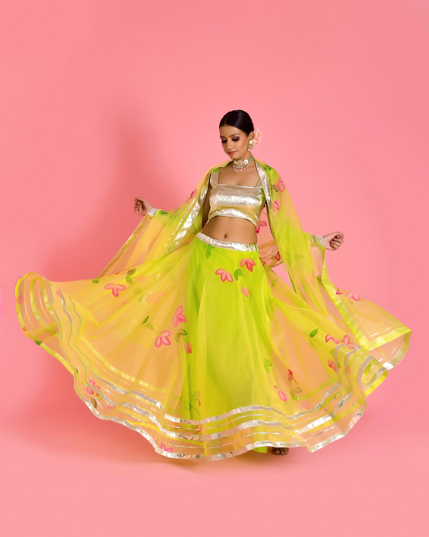 Leela Hand Painted Organza Green Lehenga  Set