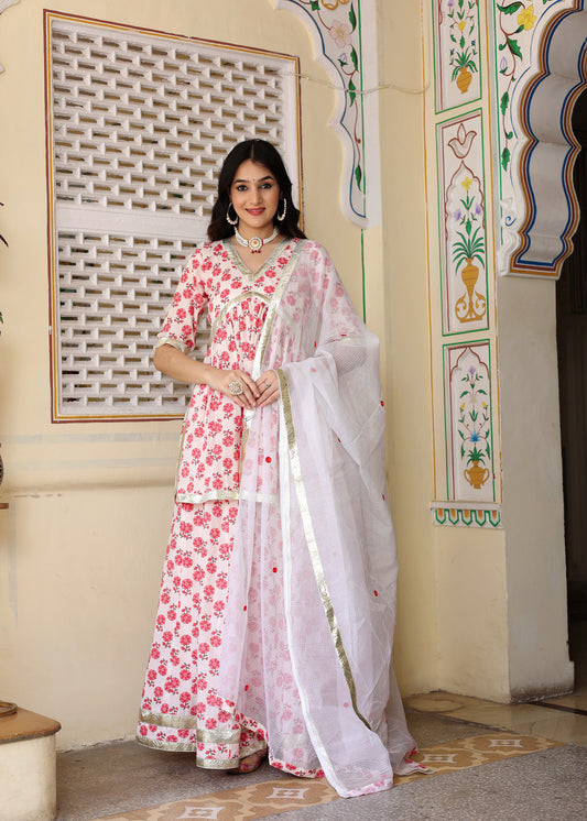 Purva White Cotton Printed Lehenga Set