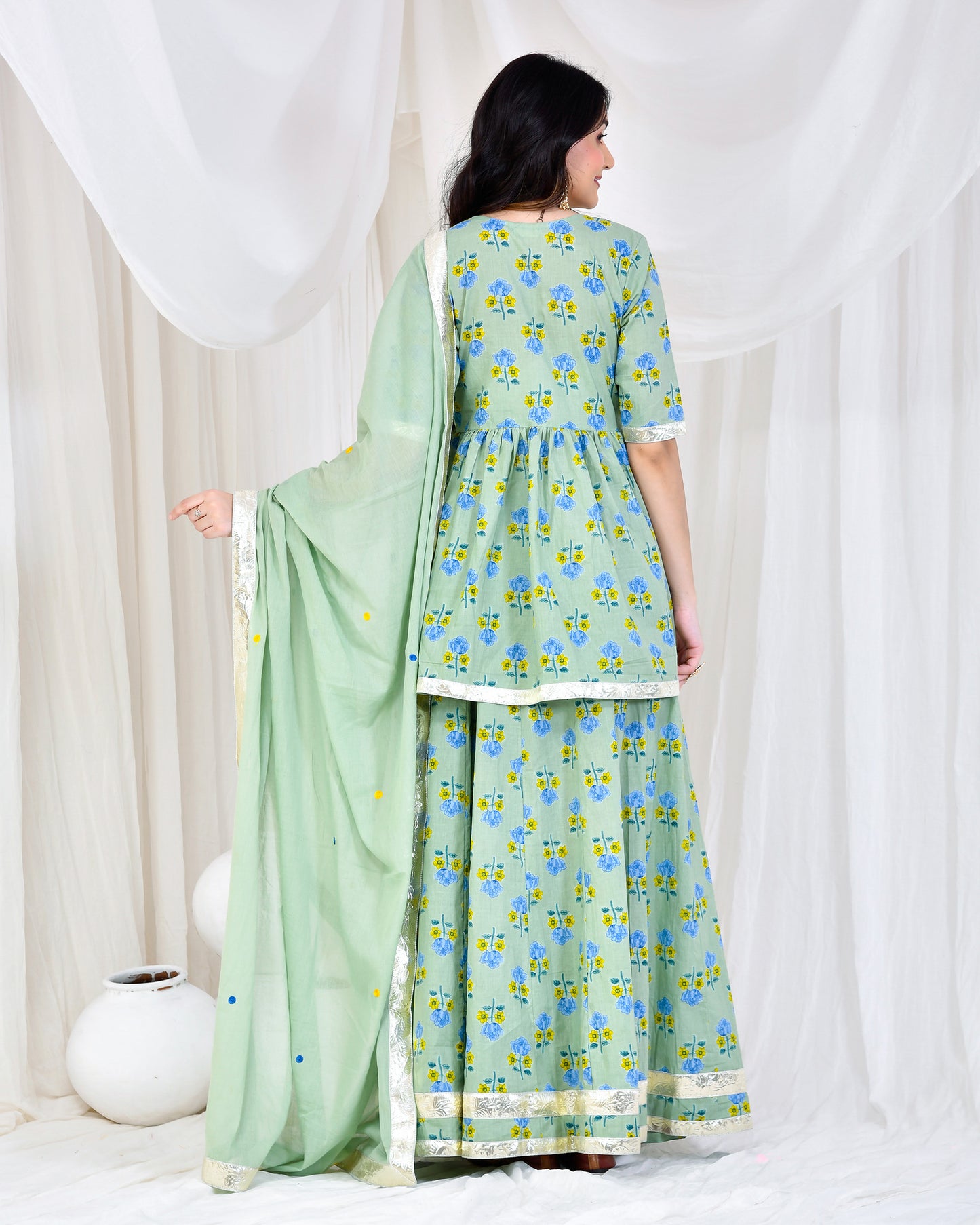 Green Cotton Hand Block Printed Festive Lehenga Set