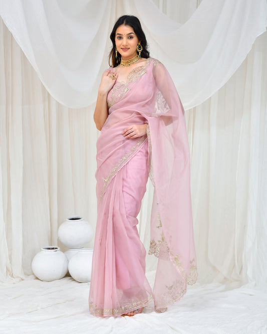 Rose Gold Organza Aari Embroidered Sangeet Saree