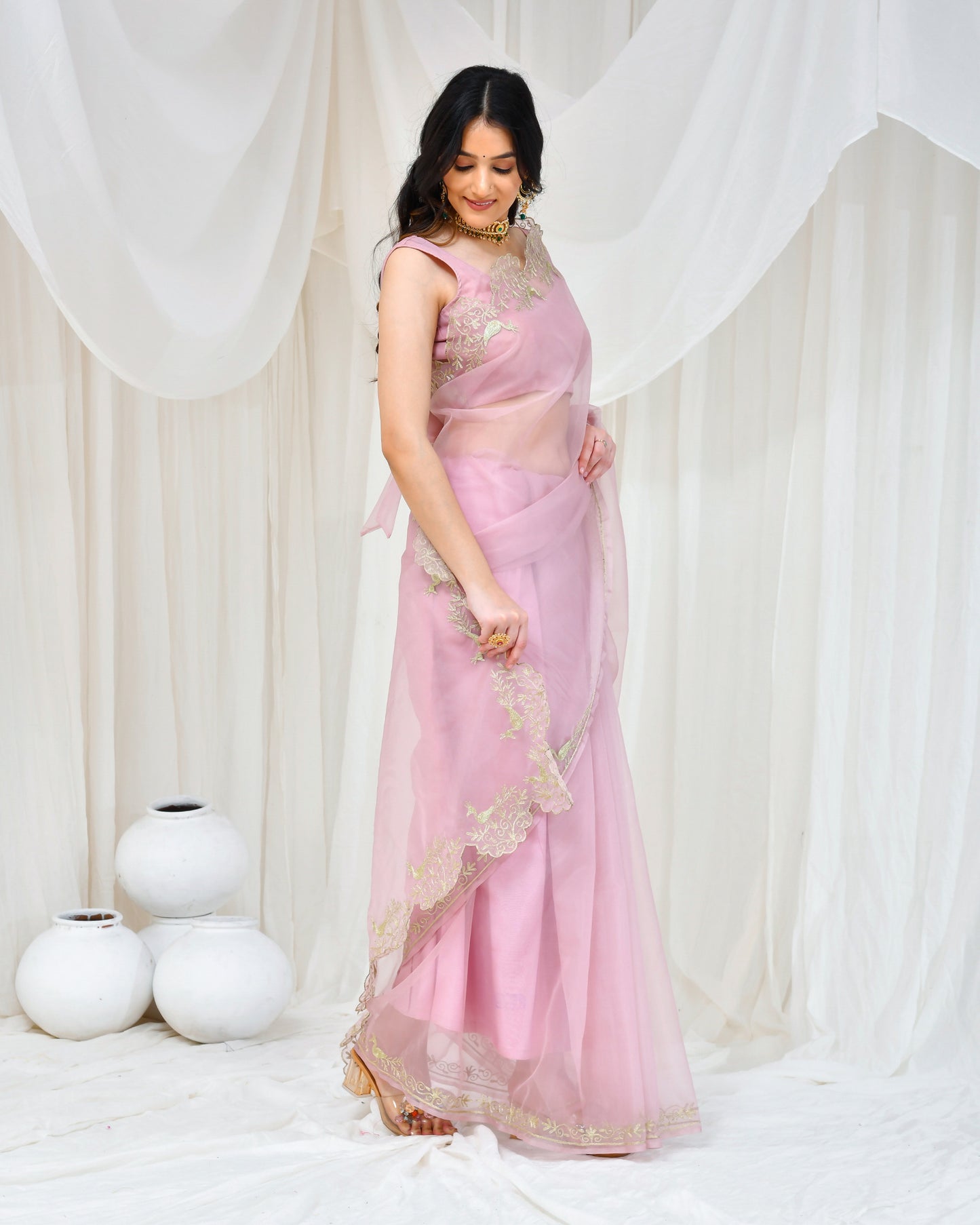 Rose Gold Organza Aari Embroidered Sangeet Saree