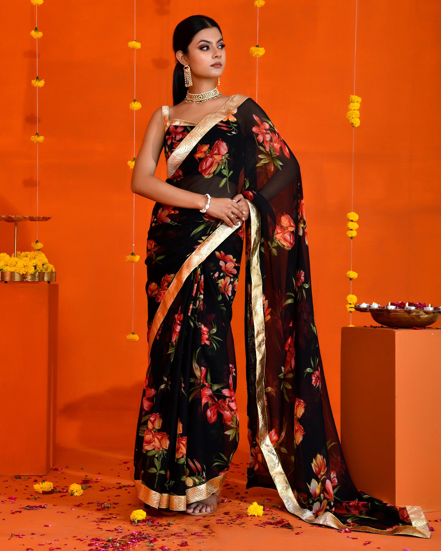 Black Chiffon Gota work Embroidered Saree