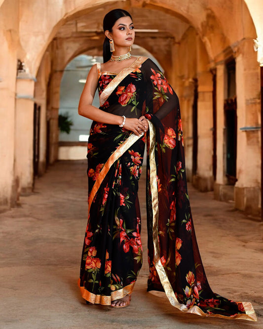 Black Chiffon Gota work Embroidered Saree