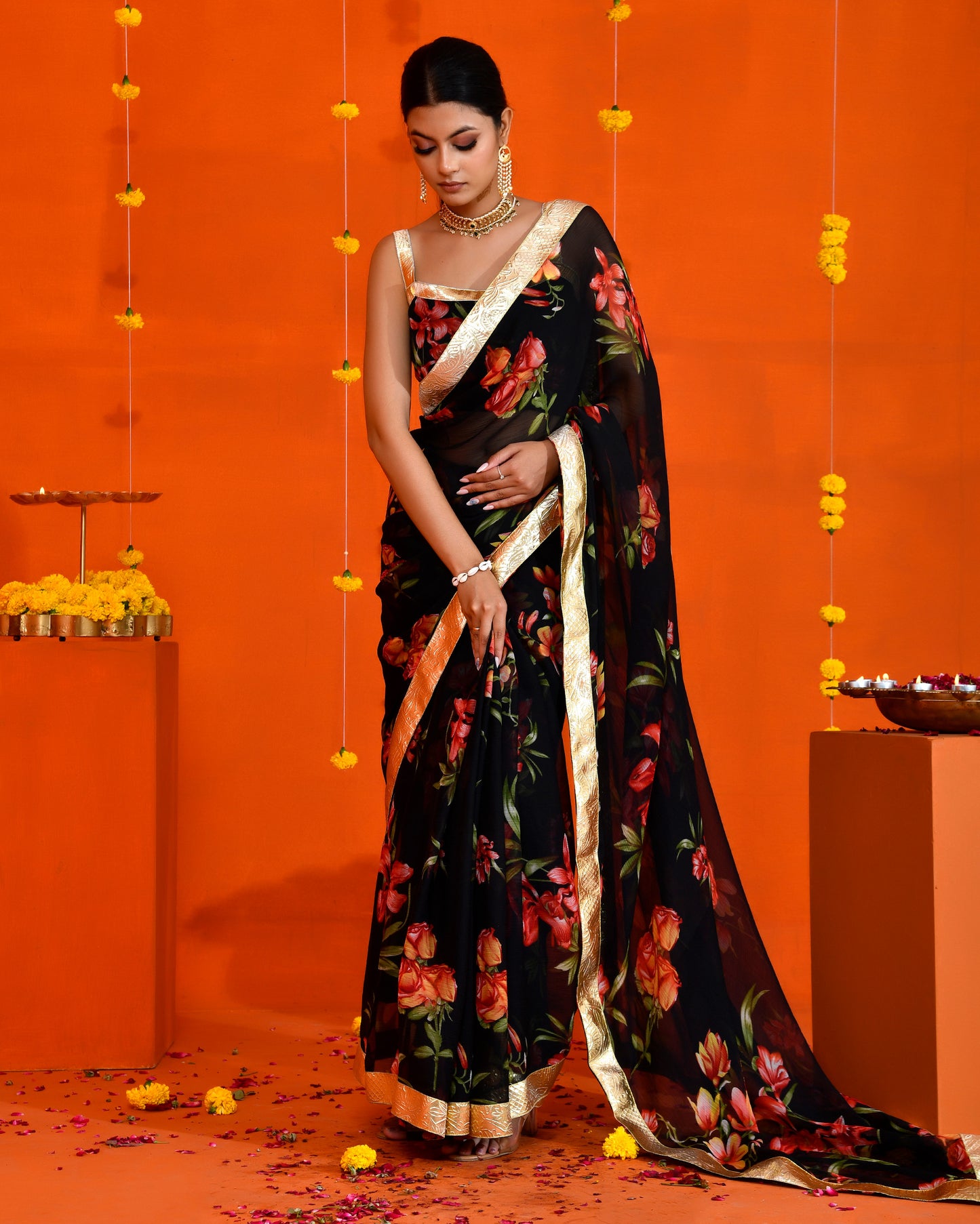 Black Chiffon Gota work Embroidered Saree