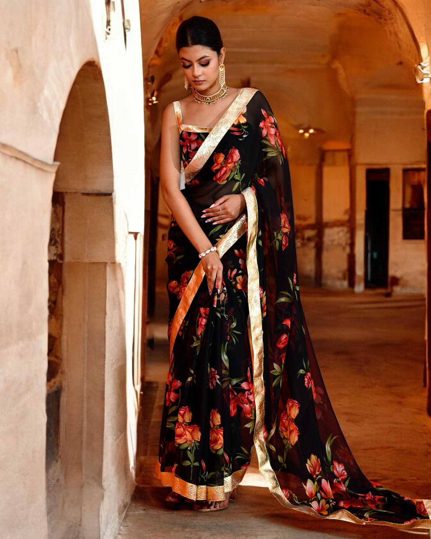 Black Chiffon Gota work Embroidered Saree