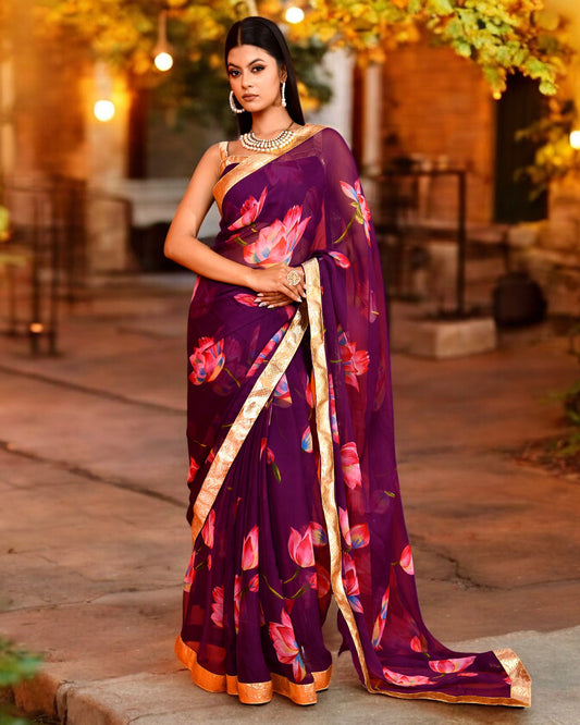 Purple Chiffon Gota work Embroidered Saree