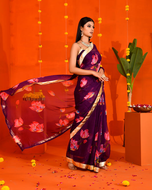 Purple Chiffon Gota work Embroidered Saree