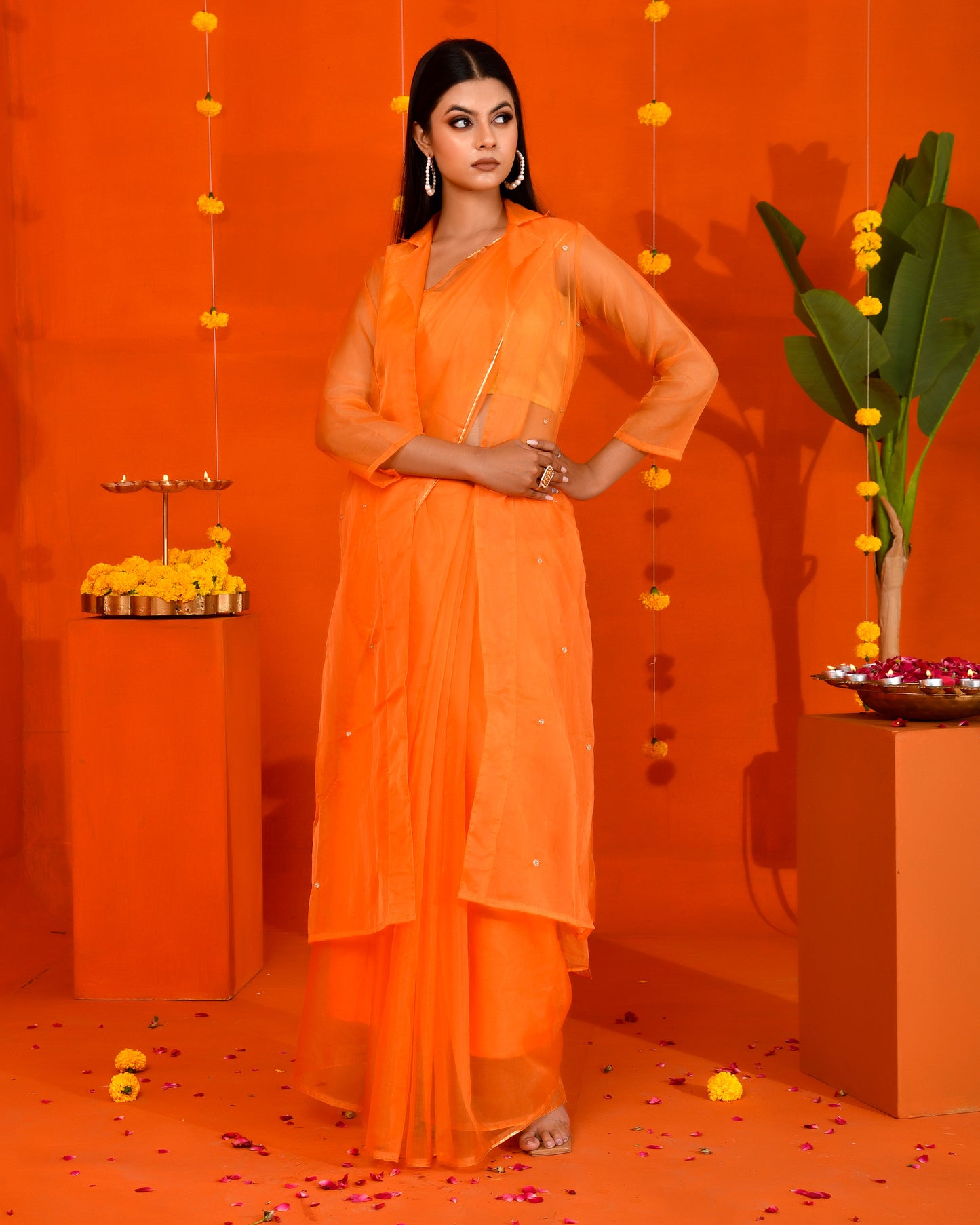 Pastel Orange Organza Embroidered Saree