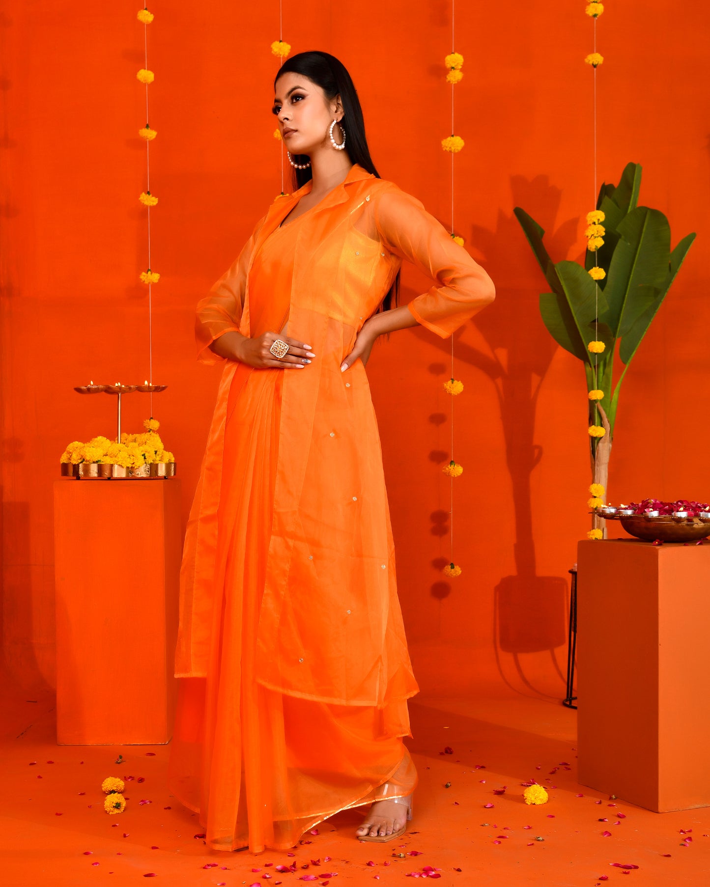 Pastel Orange Organza Embroidered Saree