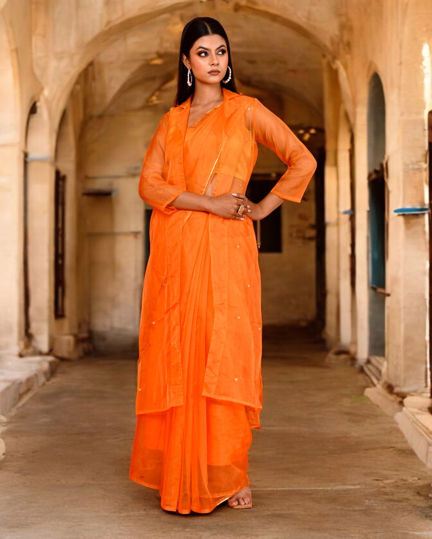 Pastel Orange Organza Embroidered Saree