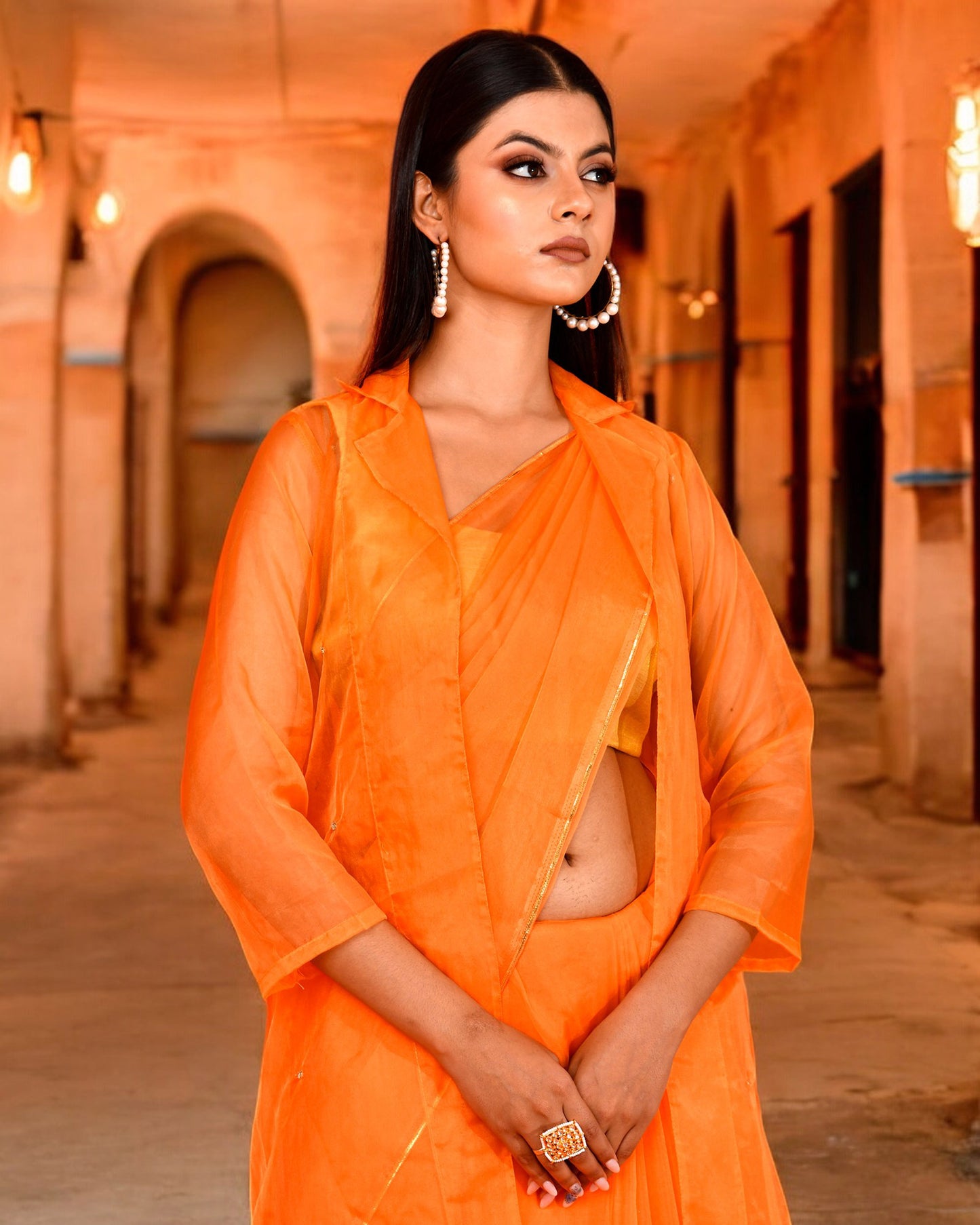 Pastel Orange Organza Embroidered Saree