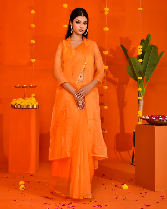 Pastel Orange Organza Embroidered Saree