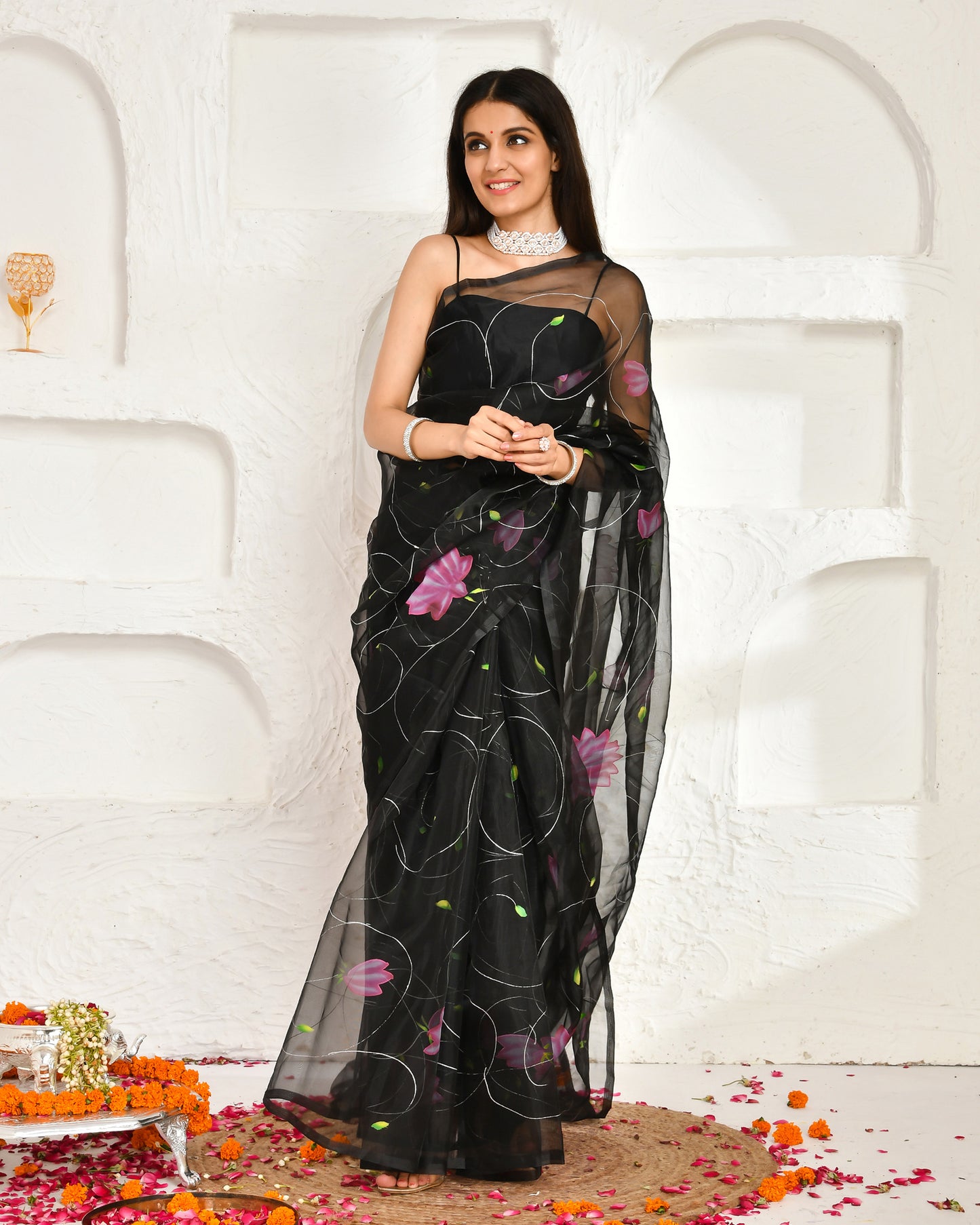 Abhiruh Black Organza Hand Painted Cocktail Saree