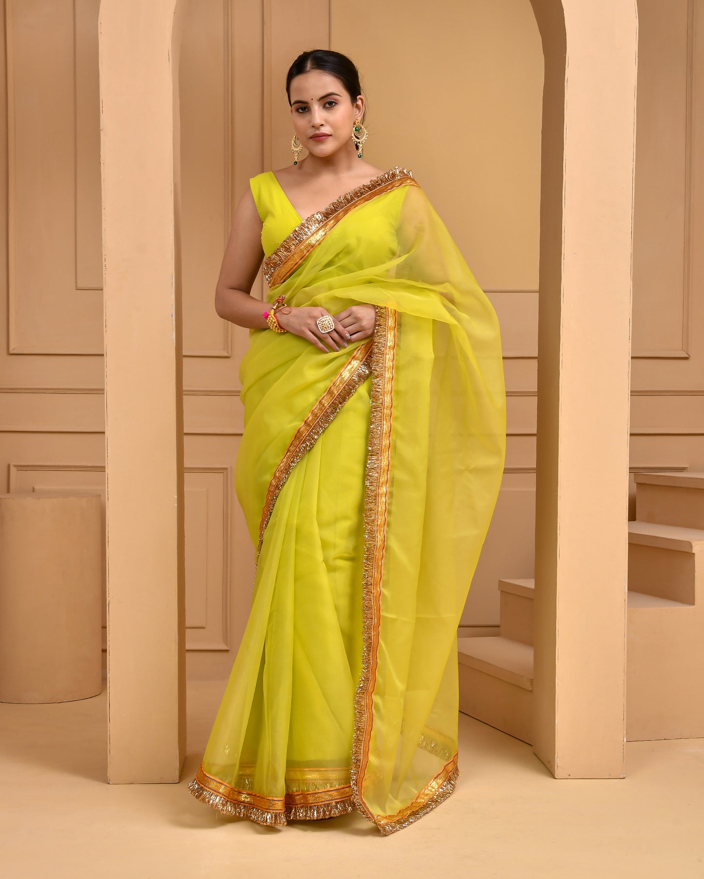 Lime Organza Gota Green Sangeet Saree