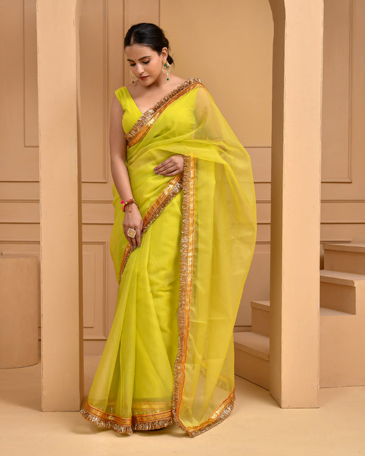 Lime Organza Gota Green Sangeet Saree