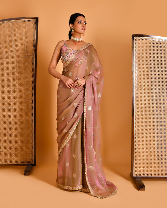 Barkha Tissue Organza Pink Saree