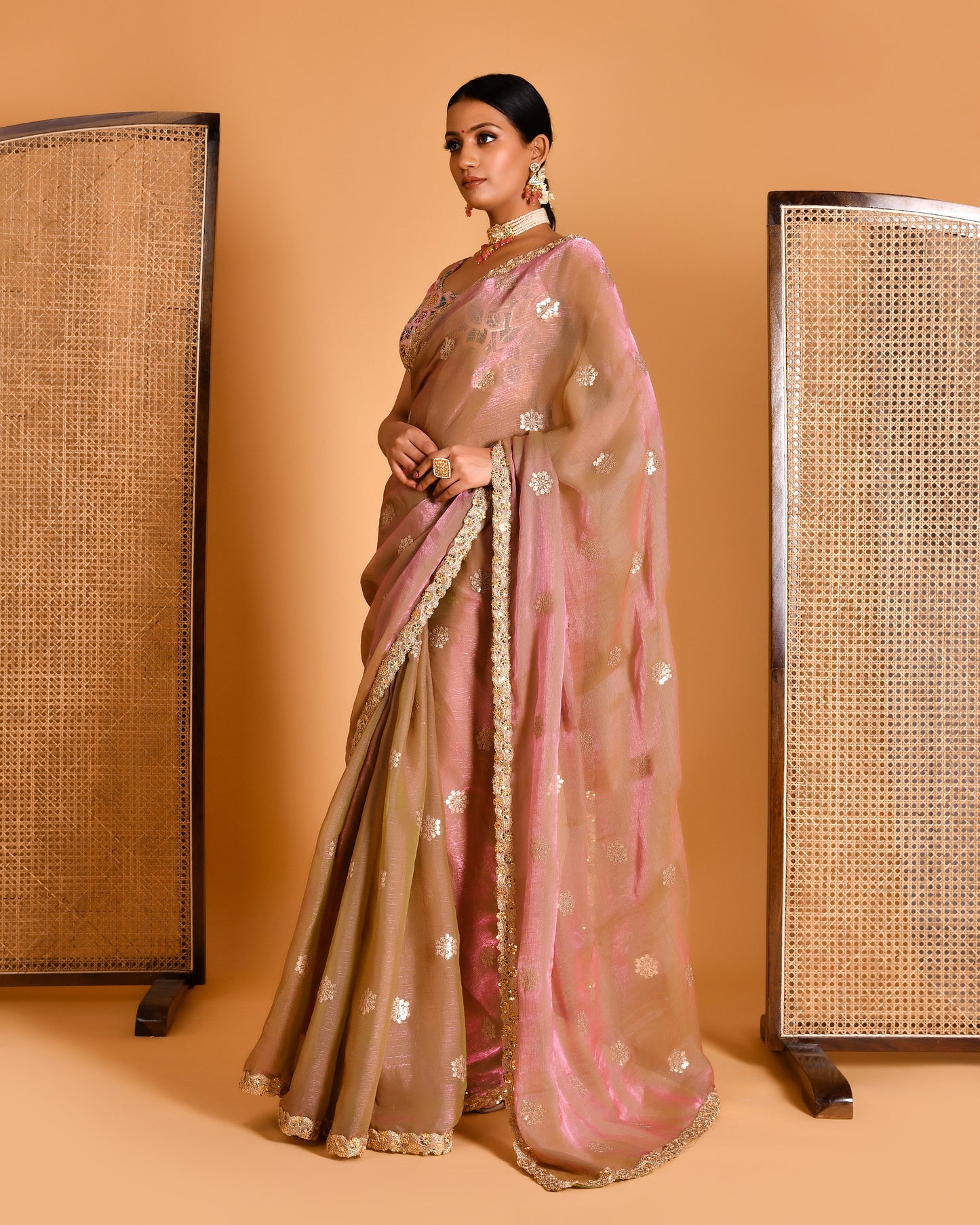 Barkha Tissue Organza Pink Saree