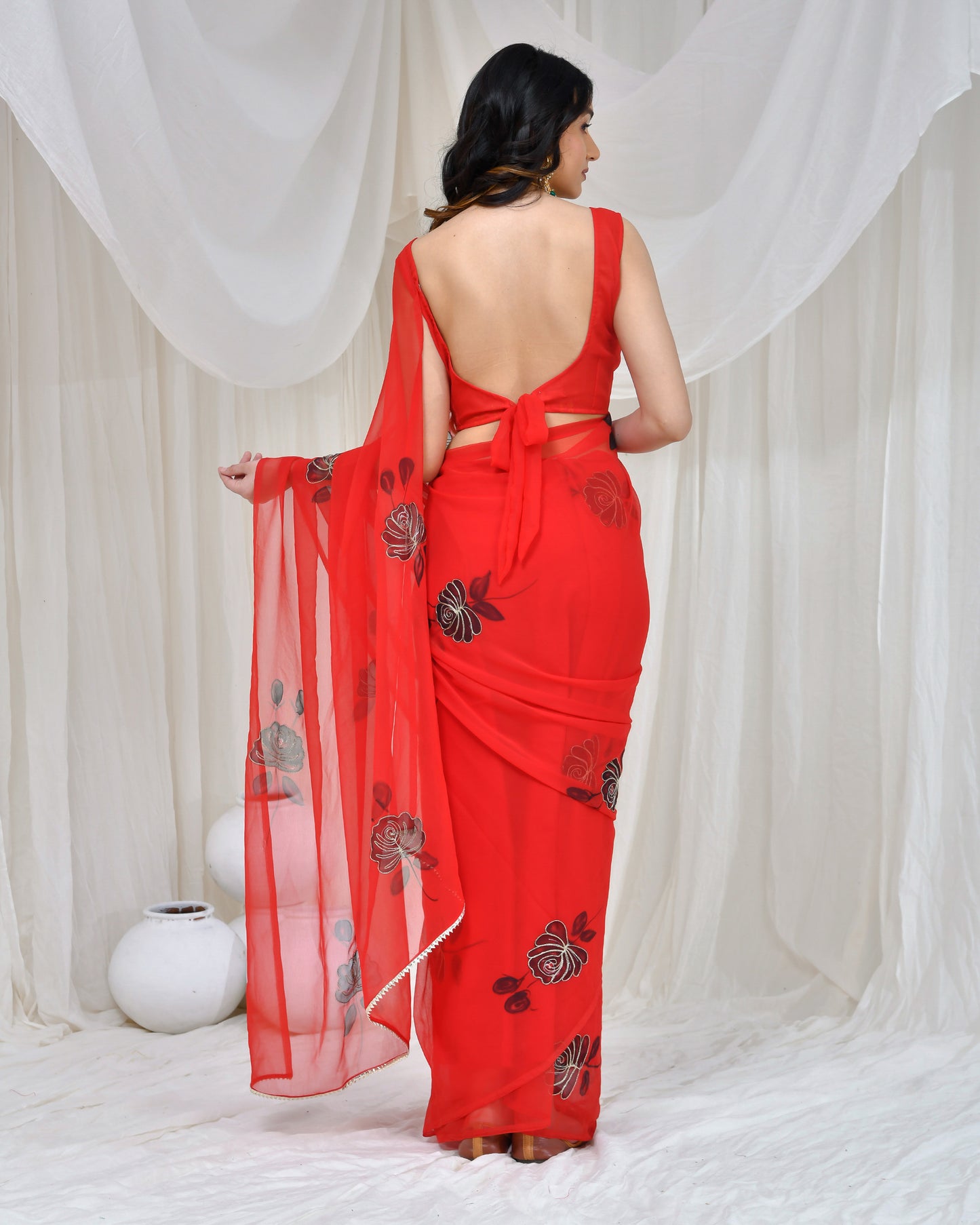 Red Georgette Hand Painted Cocktail Saree