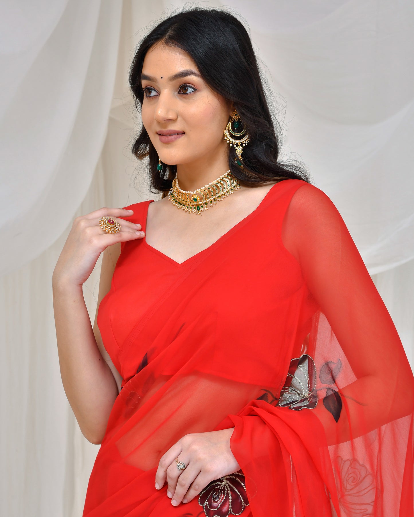 Red Georgette Hand Painted Cocktail Saree