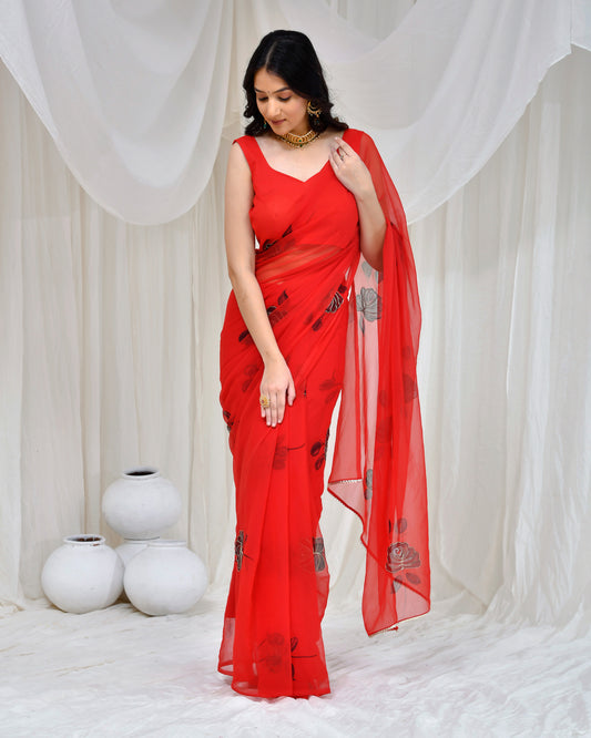 Red Georgette Hand Painted Cocktail Saree