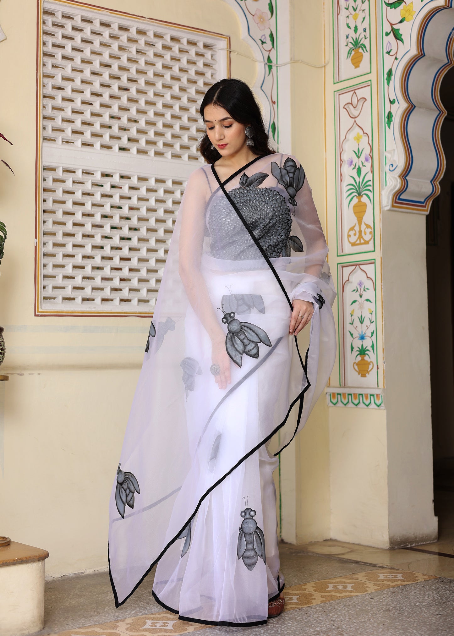 White Hand Painted Organza Saree