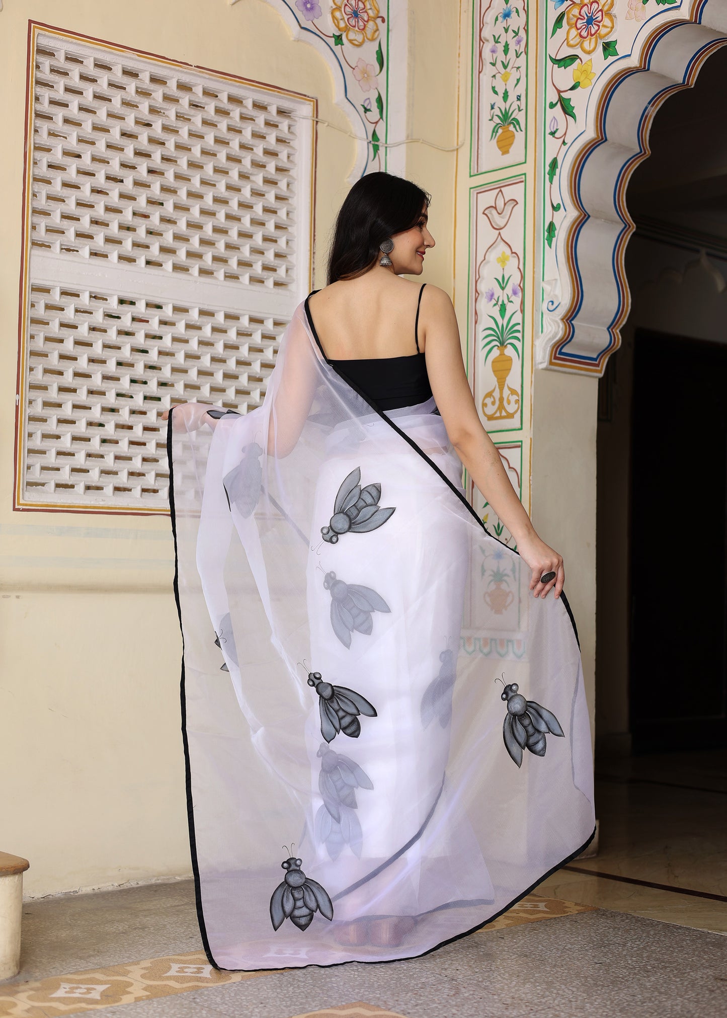 White Hand Painted Organza Saree