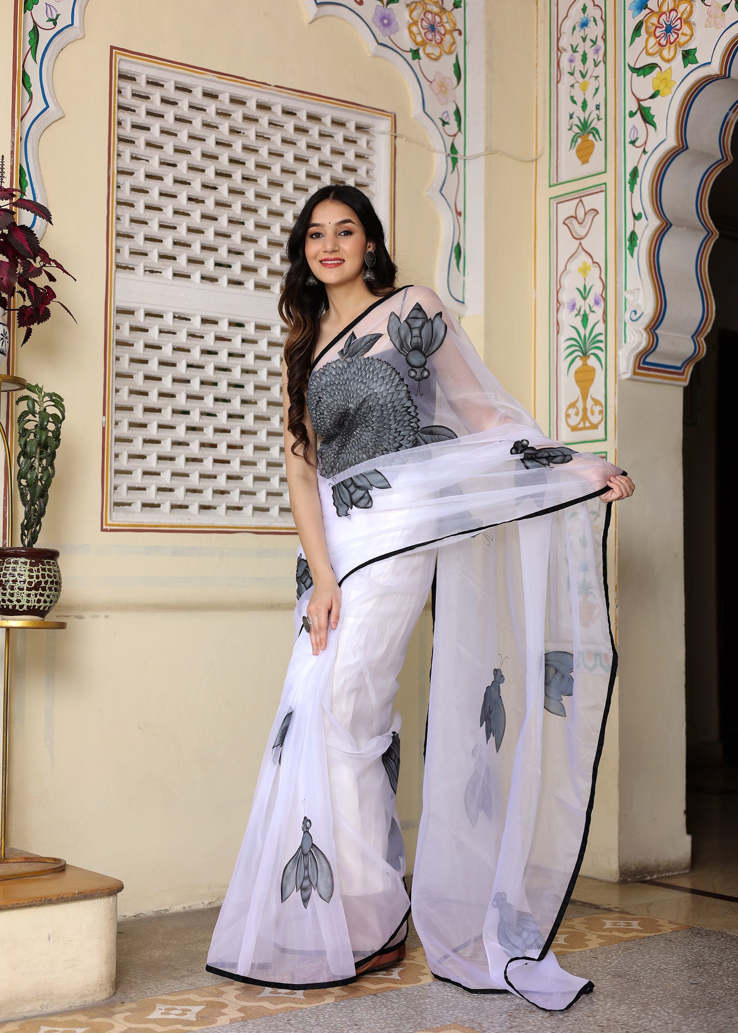 White Hand Painted Organza Saree