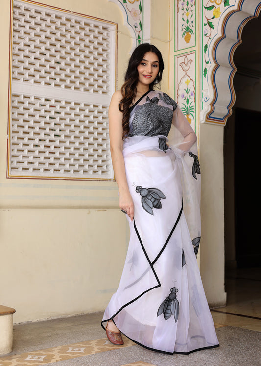 White Hand Painted Organza Saree