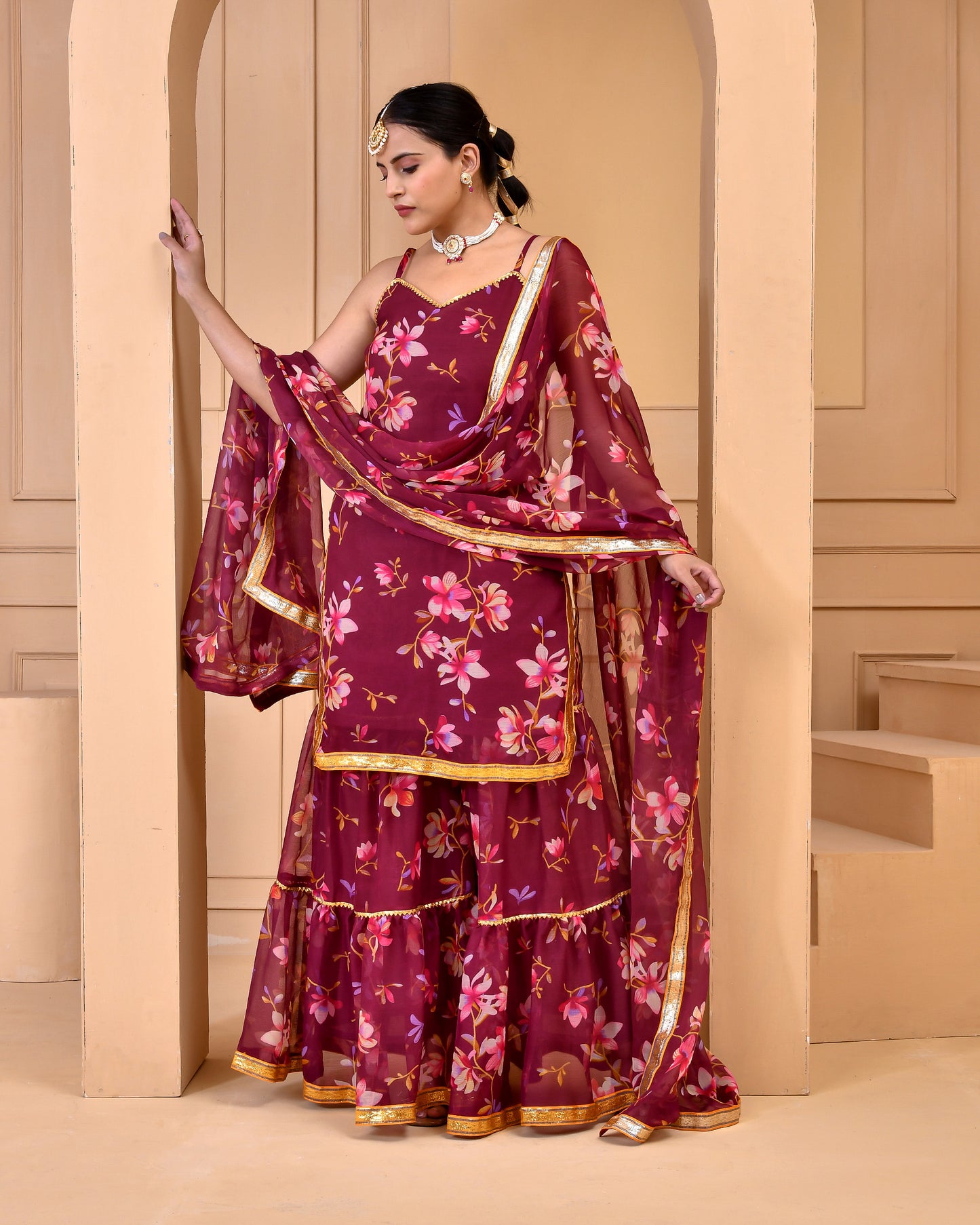 Mauve chiffon Gota Embellished Sharara set