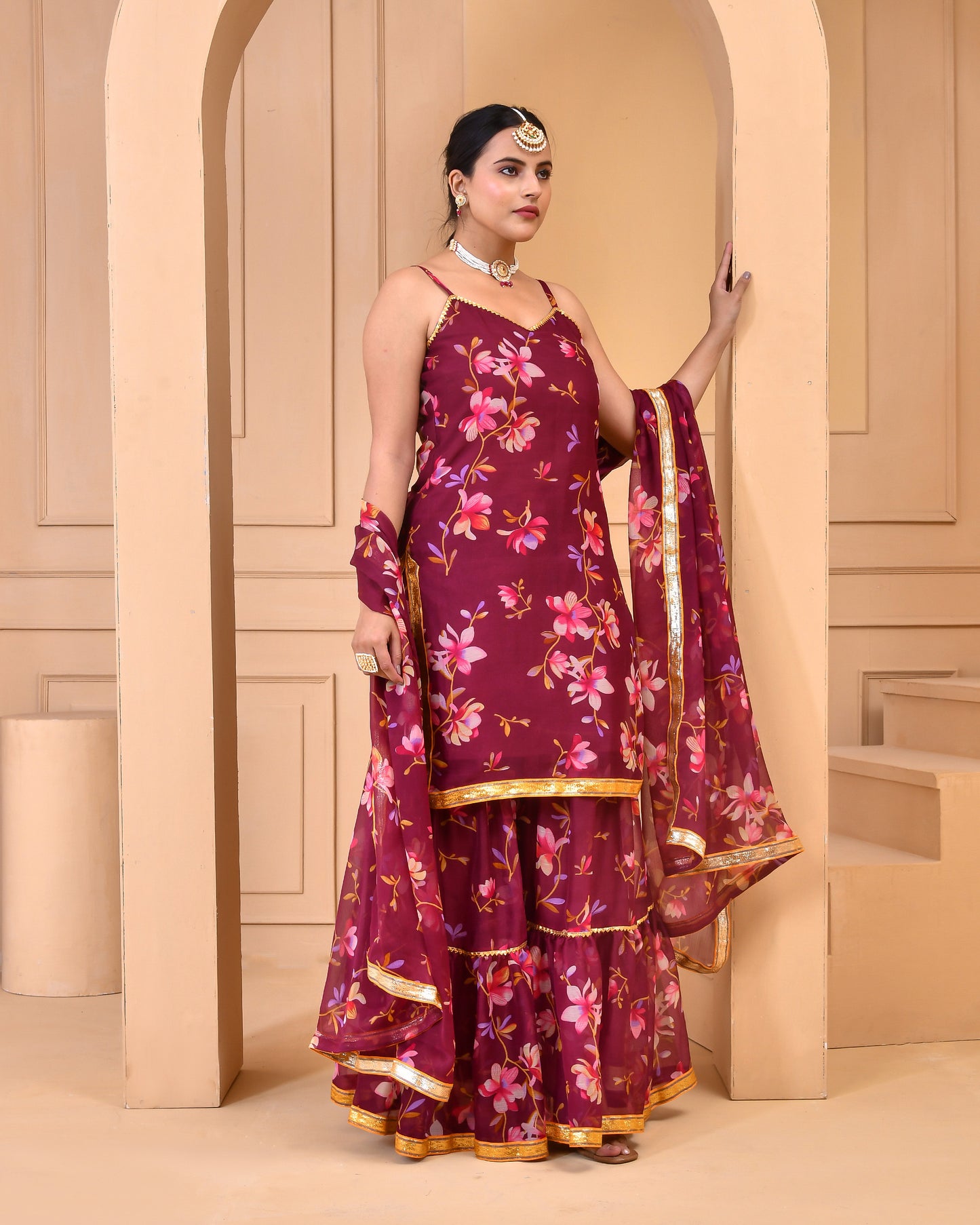 Mauve chiffon Gota Embellished Sharara set