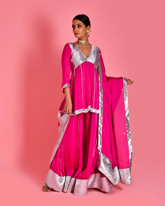 Manjari Satin Silk Magenta Sharara Set