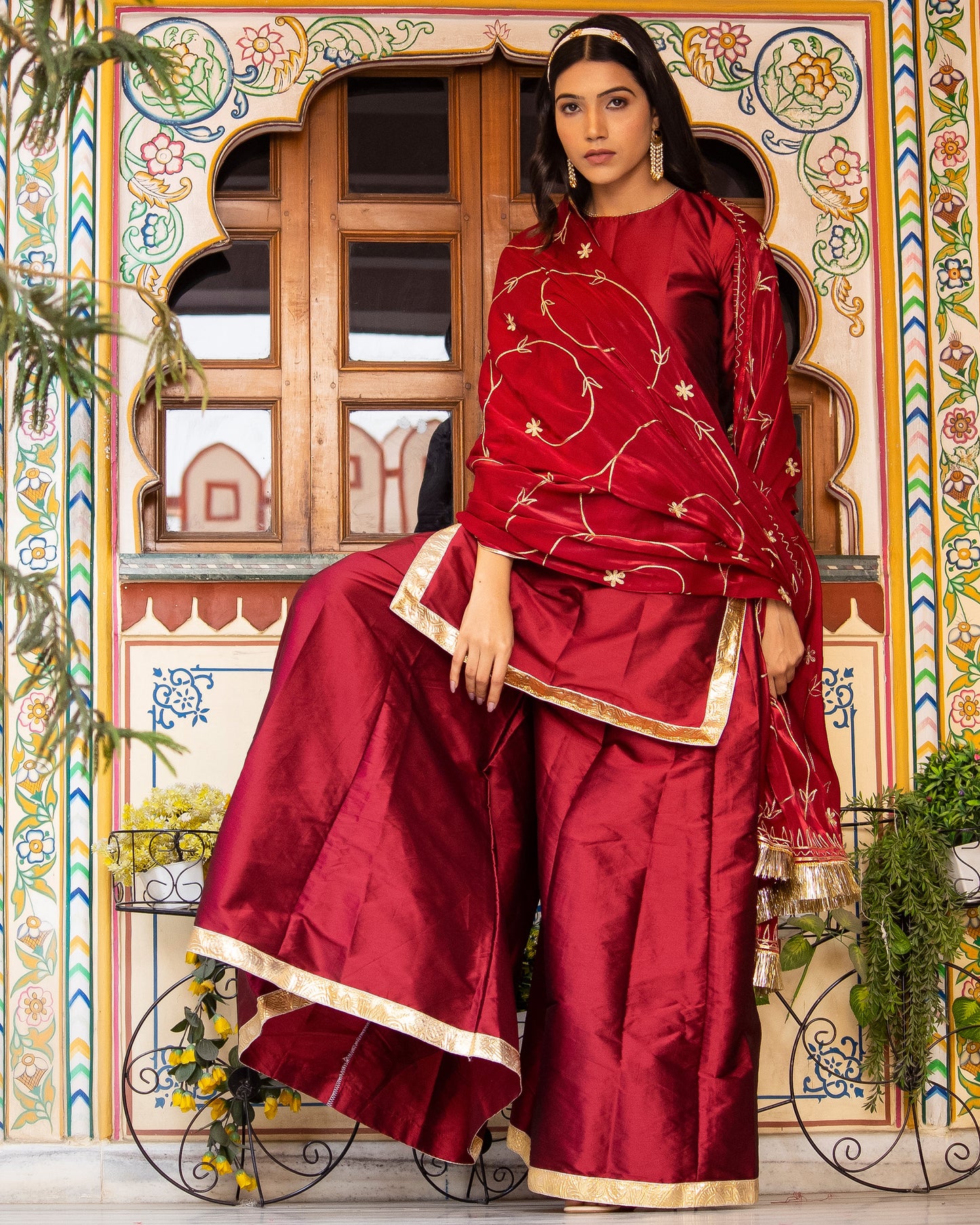 Kurjan Maroon Taffeta Silk Sharara set