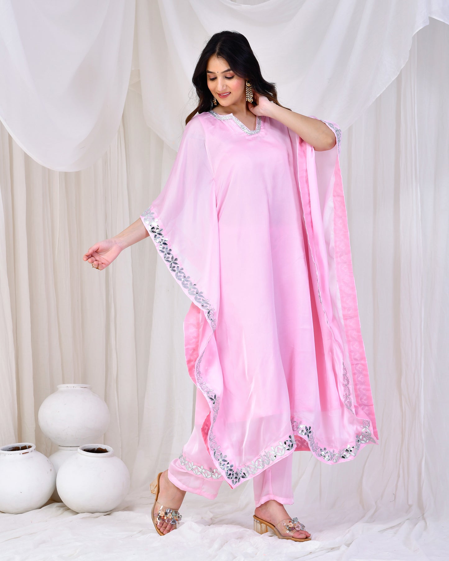 Baby Pink Satin Silk Gota Kaftan Set