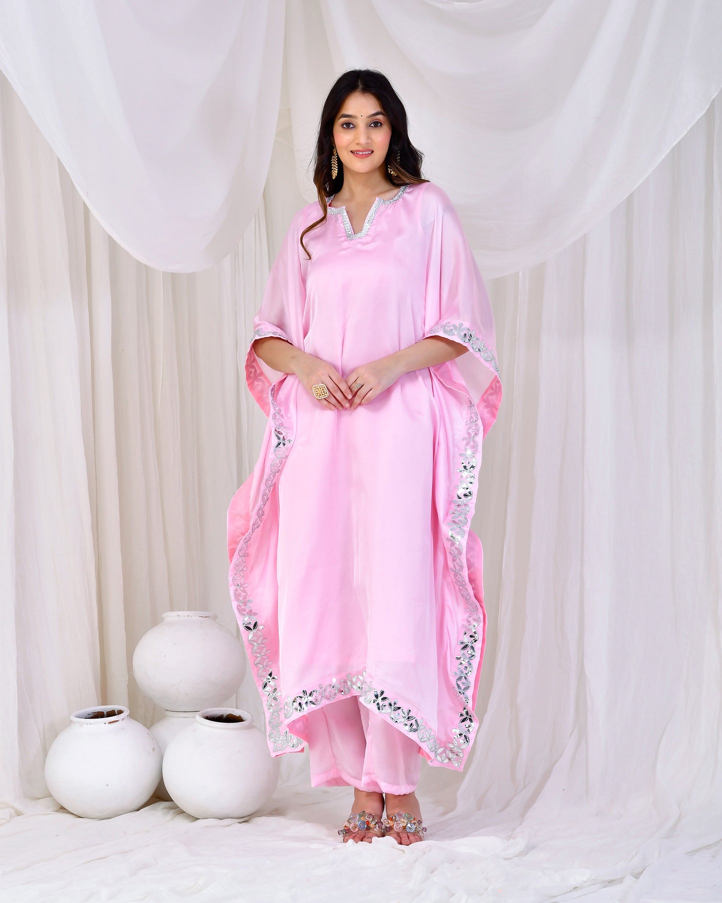 Baby Pink Satin Silk Gota Kaftan Set