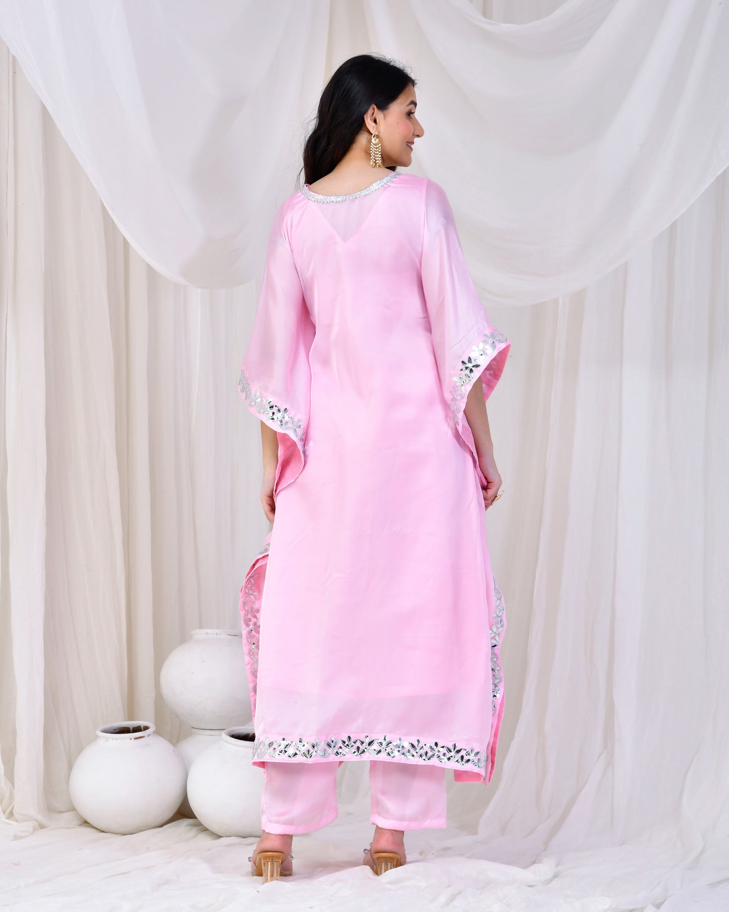 Baby Pink Satin Silk Gota Kaftan Set