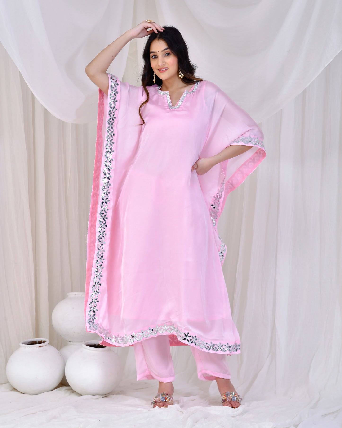 Baby Pink Satin Silk Gota Kaftan Set