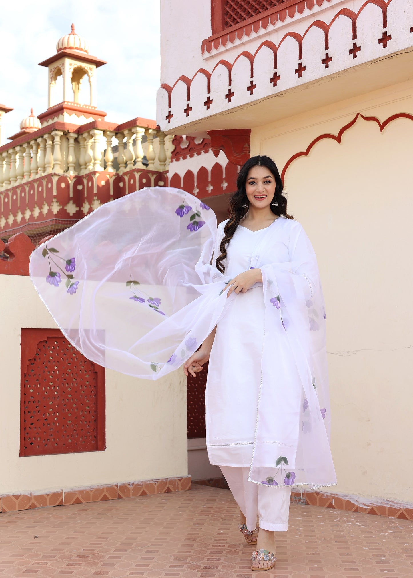 Morning Glory Taffeta Silk White Hand Painted Suit Set