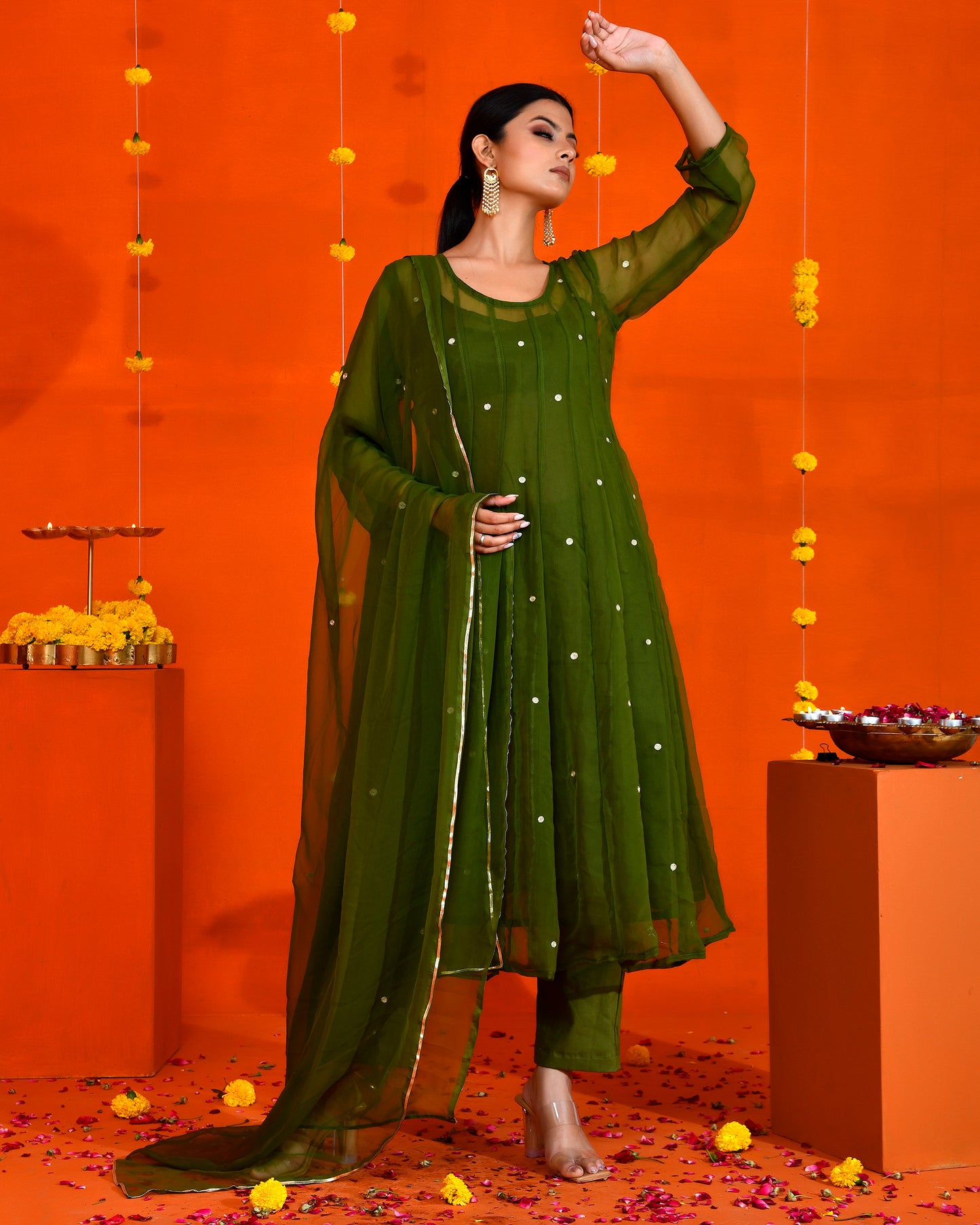 Olive Green Georgette Utsav Bannhi Mehendi Anarkali