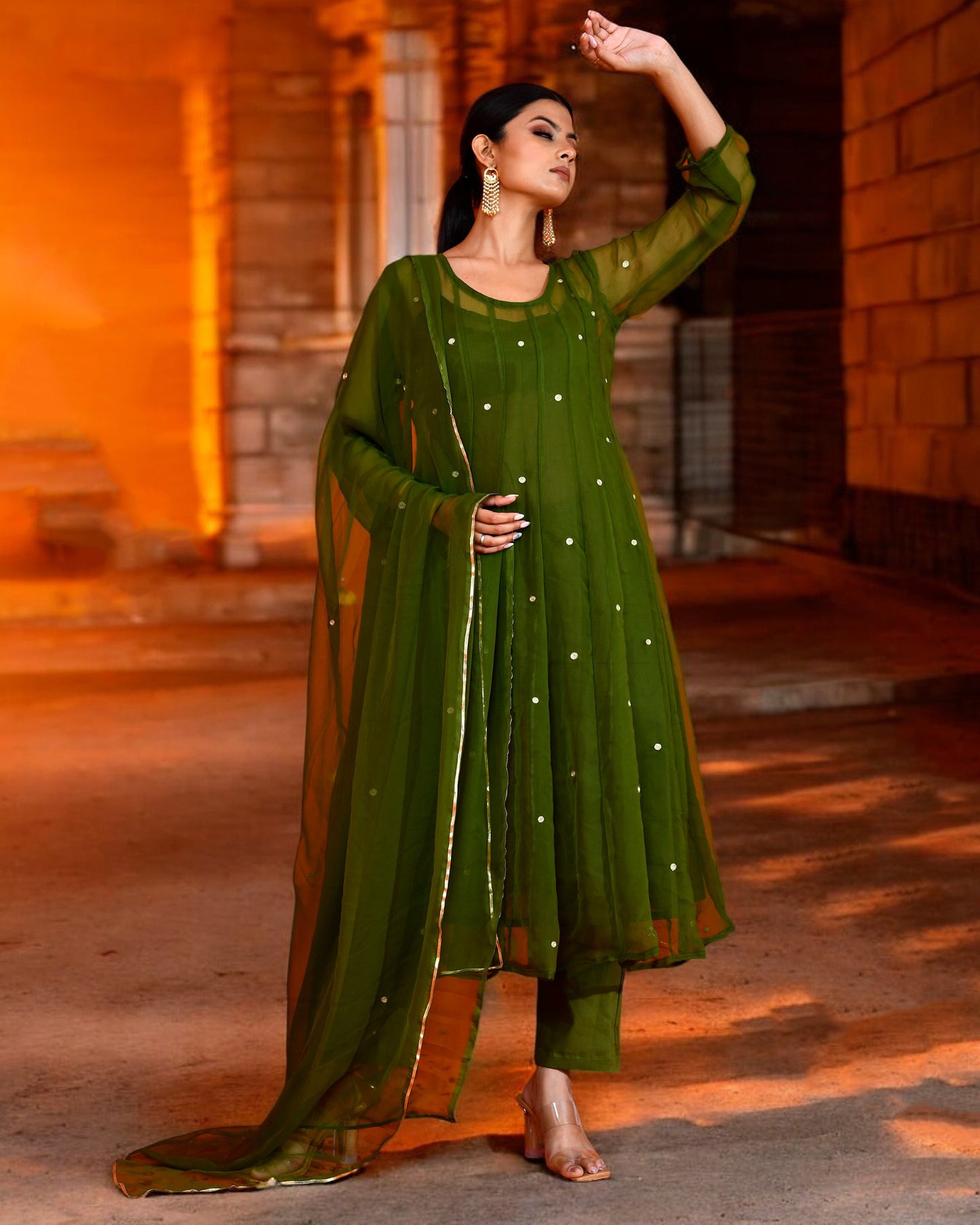 Olive Green Georgette Utsav Bannhi Mehendi Anarkali