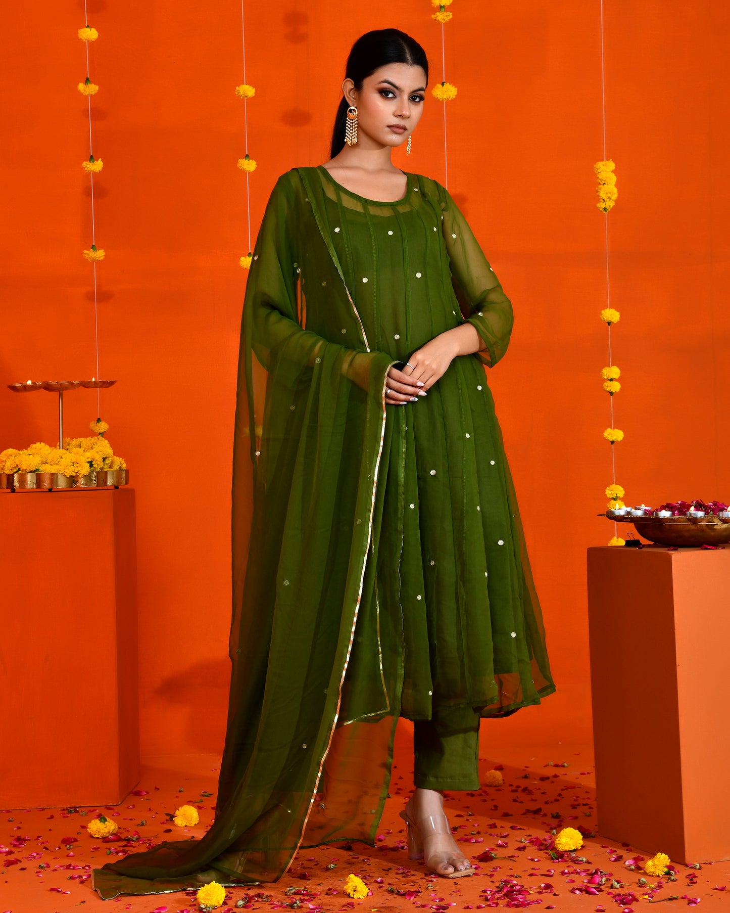 Olive Green Georgette Utsav Bannhi Mehendi Anarkali