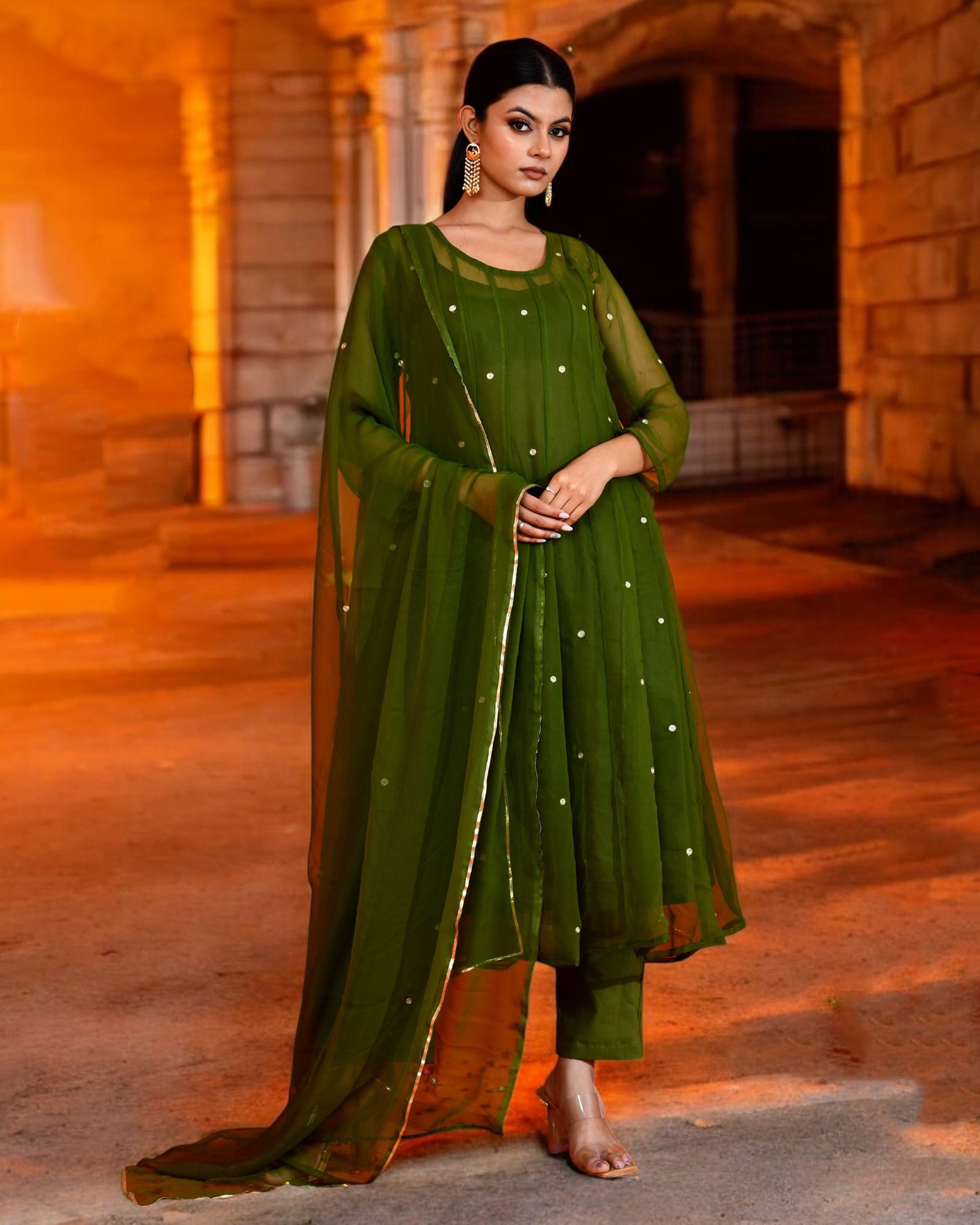 Olive Green Georgette Utsav Bannhi Mehendi Anarkali